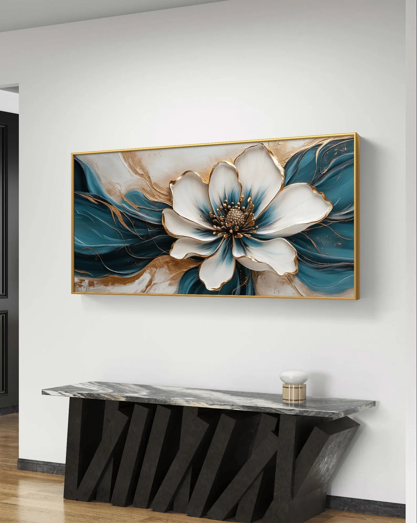 Gold and Teal Flower Art – styled in a modern room setting