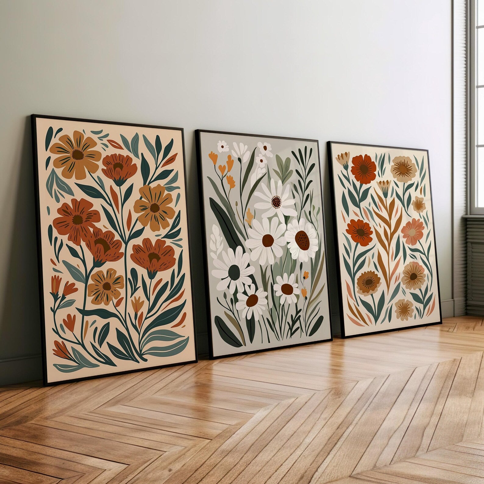 Modern Boho Abstract Floral Set of 3 – premium framed canvas wall art