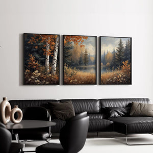Autumn Forest Lake Wall Art Triptych – styled in a modern room setting