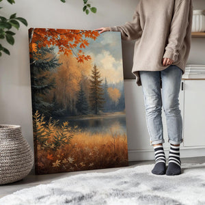 Autumn Forest Lake Wall Art Triptych – close-up detail of frame and canvas texture