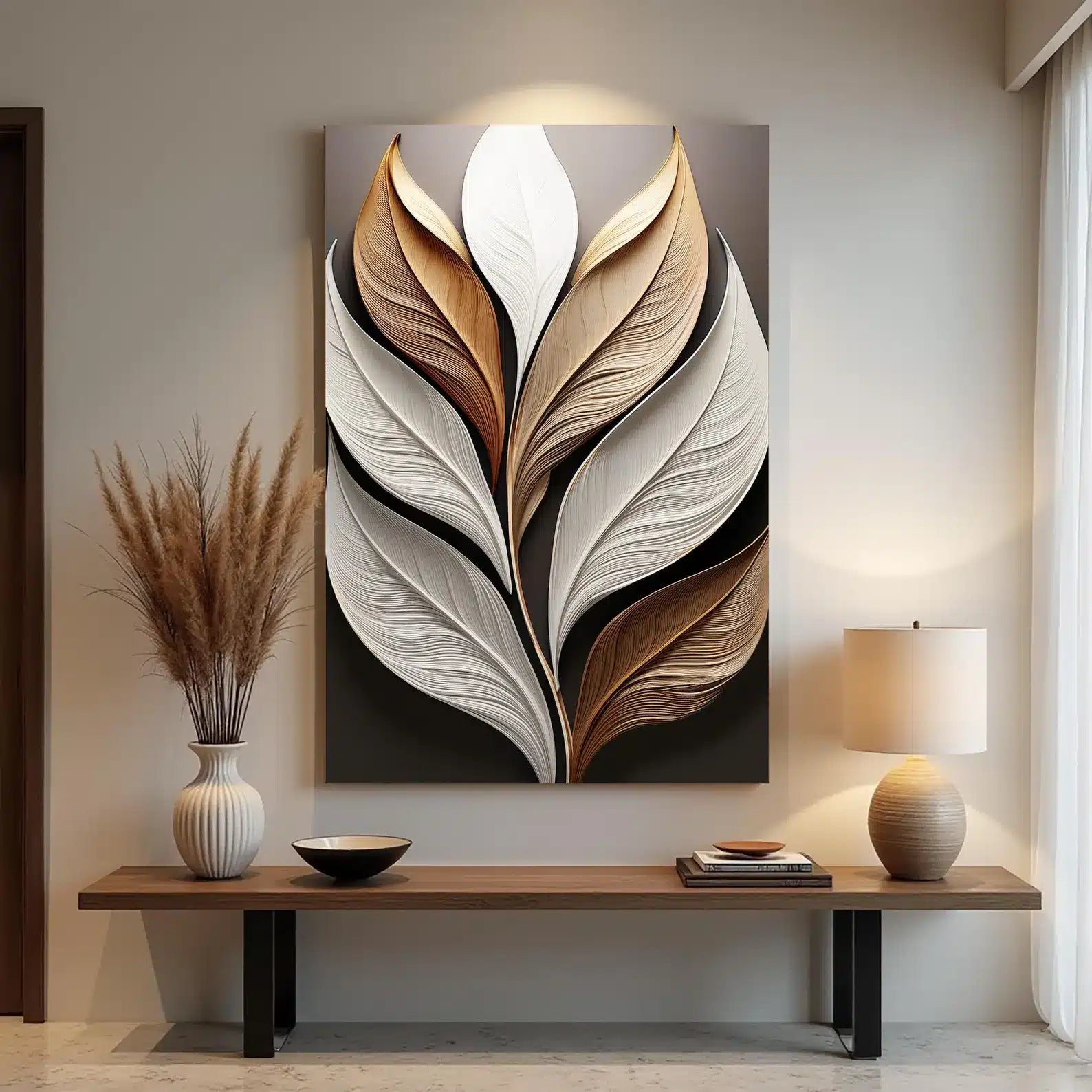 Elegant Leaf Wall Art | Abstract Leaf Canvas – styled in a modern room setting