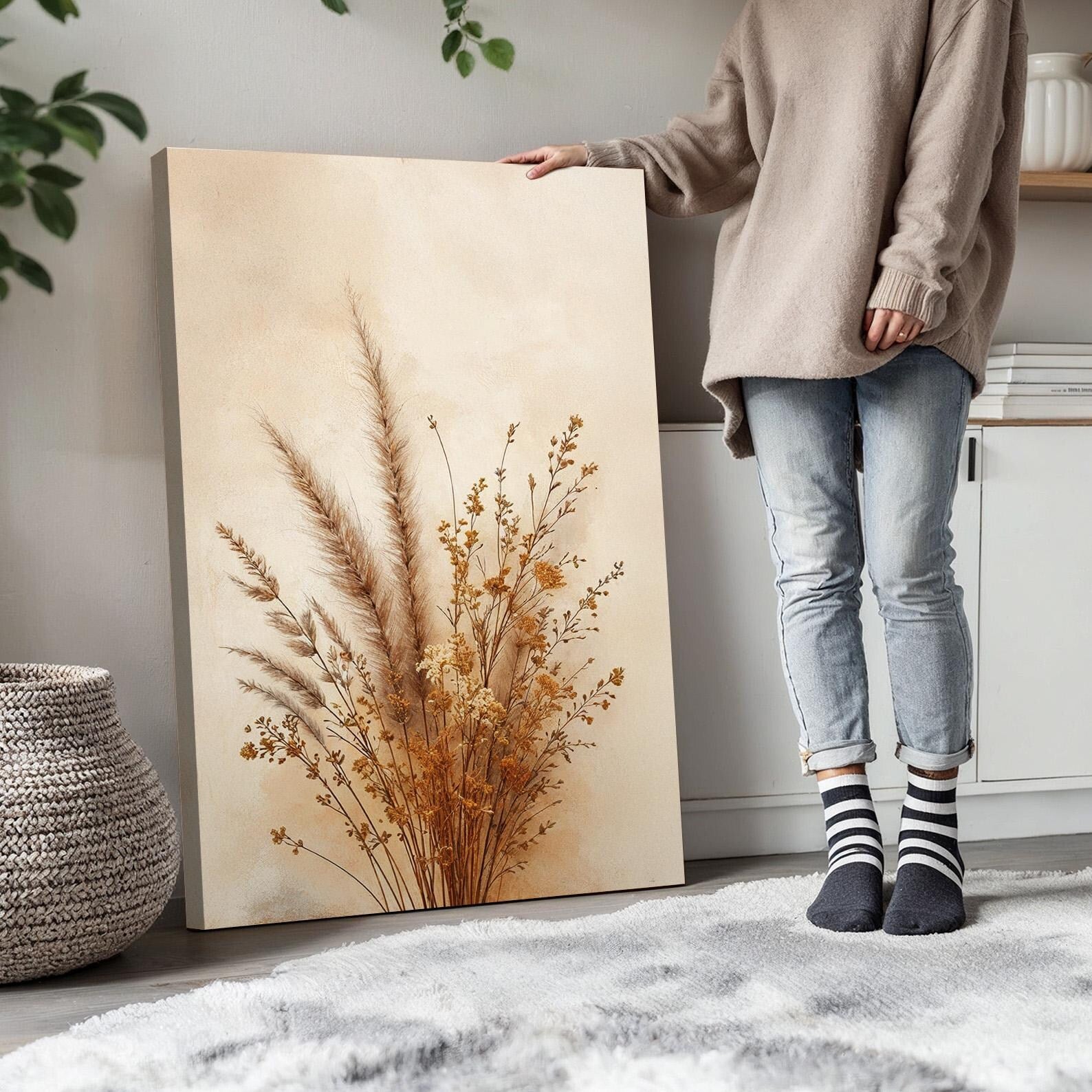 Minimalist Dried Pampas Grass Wall Art – styled in a modern room setting