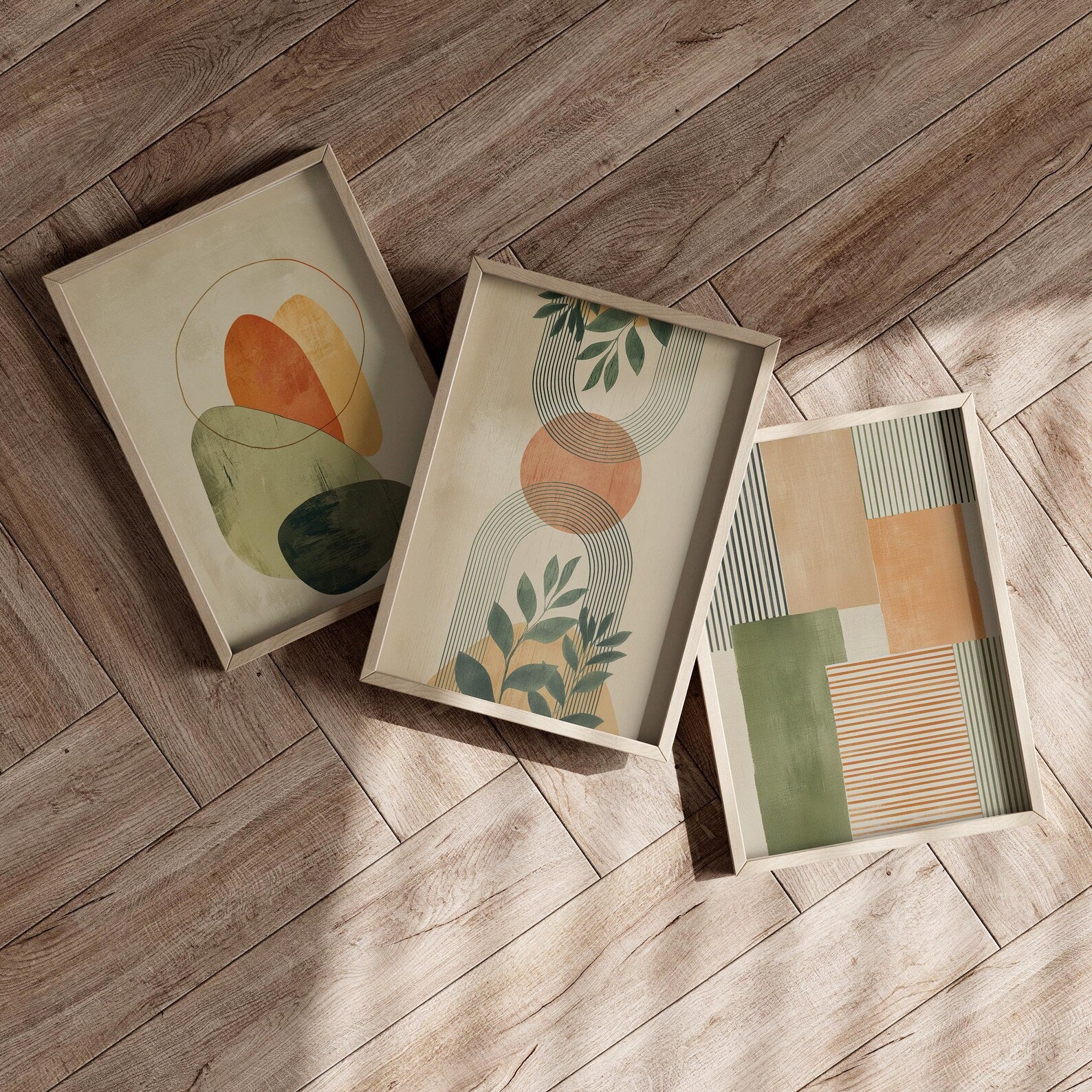 Earthy Boho Abstract Tropical Botanical 3 Piece Set – premium framed canvas wall art