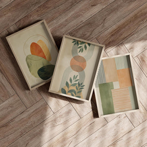 Earthy Boho Abstract Tropical Botanical 3 Piece Set – premium framed canvas wall art