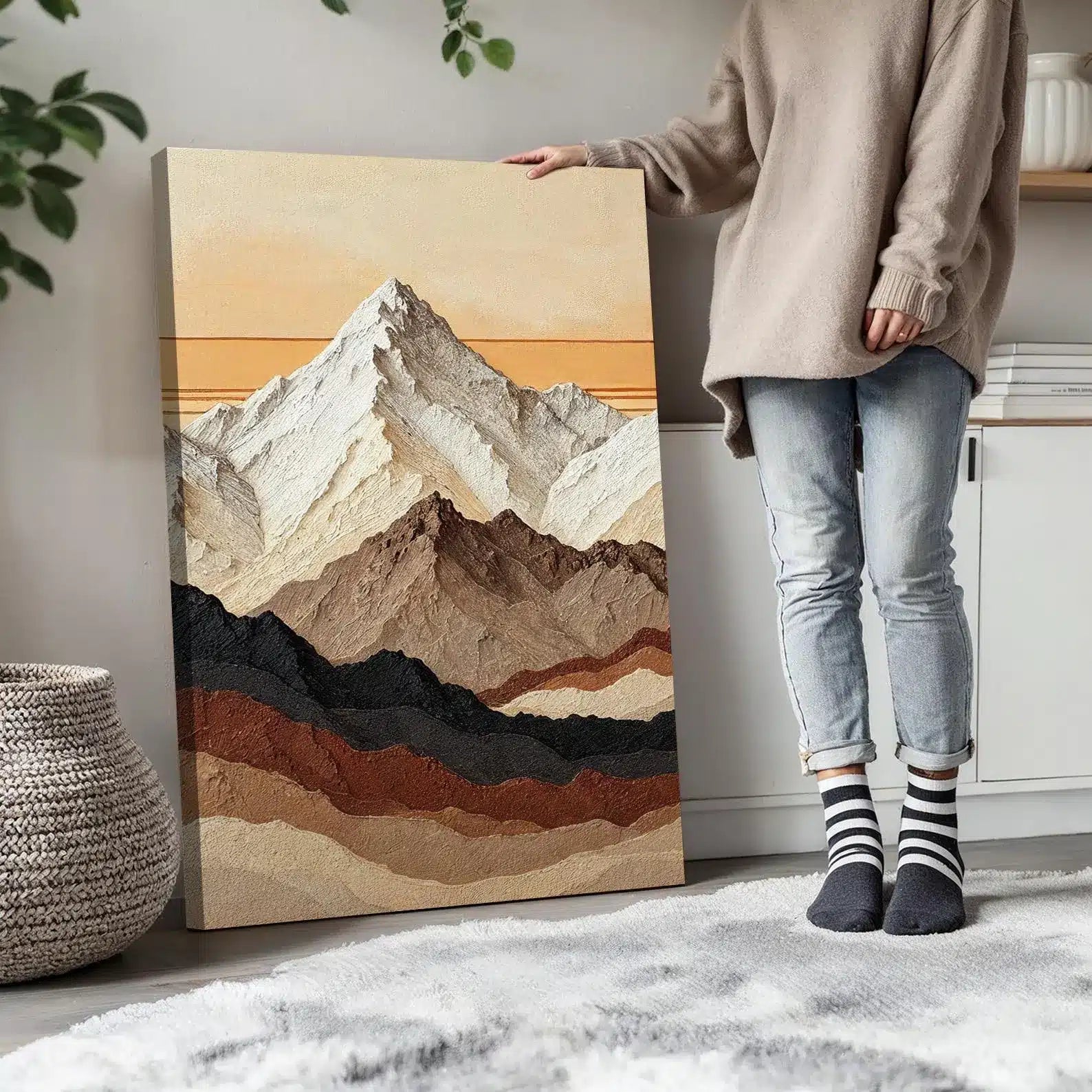 Modern Neutral Mountain Set of 3 – close-up detail of frame and canvas texture