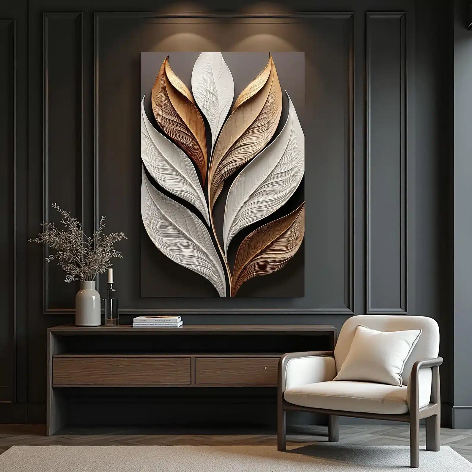 Elegant Leaf Wall Art | Abstract Leaf Canvas – styled in a modern room setting