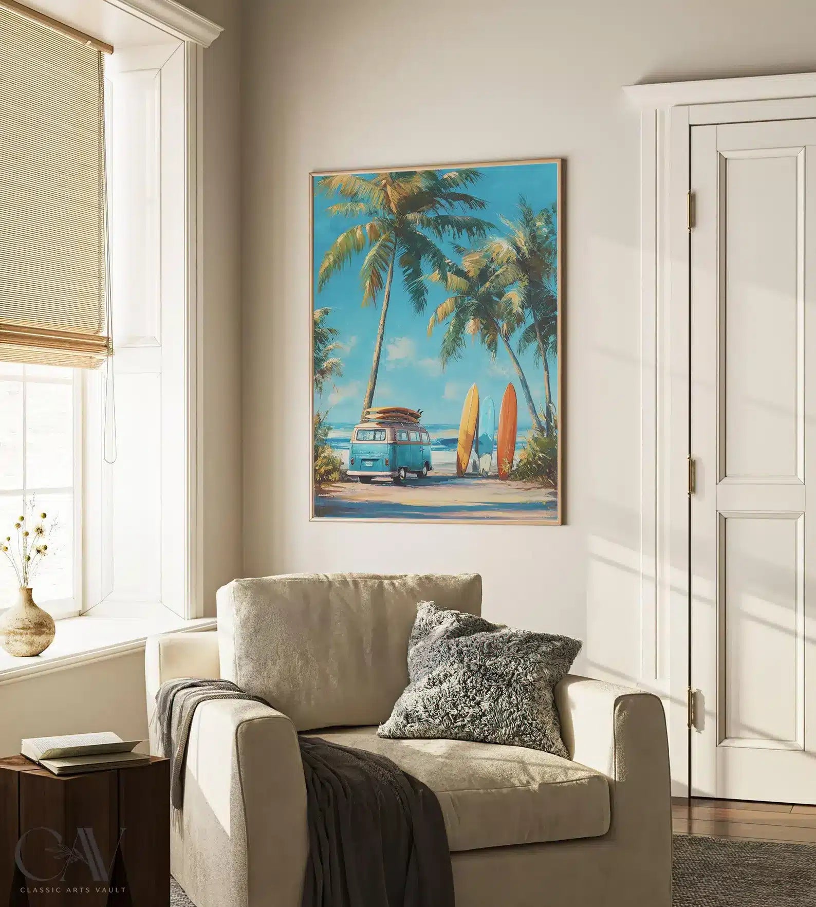 Retro Beach Day Canvas Art Print – styled in a modern room setting