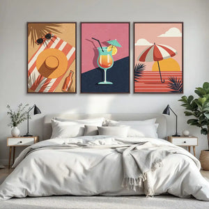 Retro Summer Beach Wall Art Set of 3 – styled in a modern room setting
