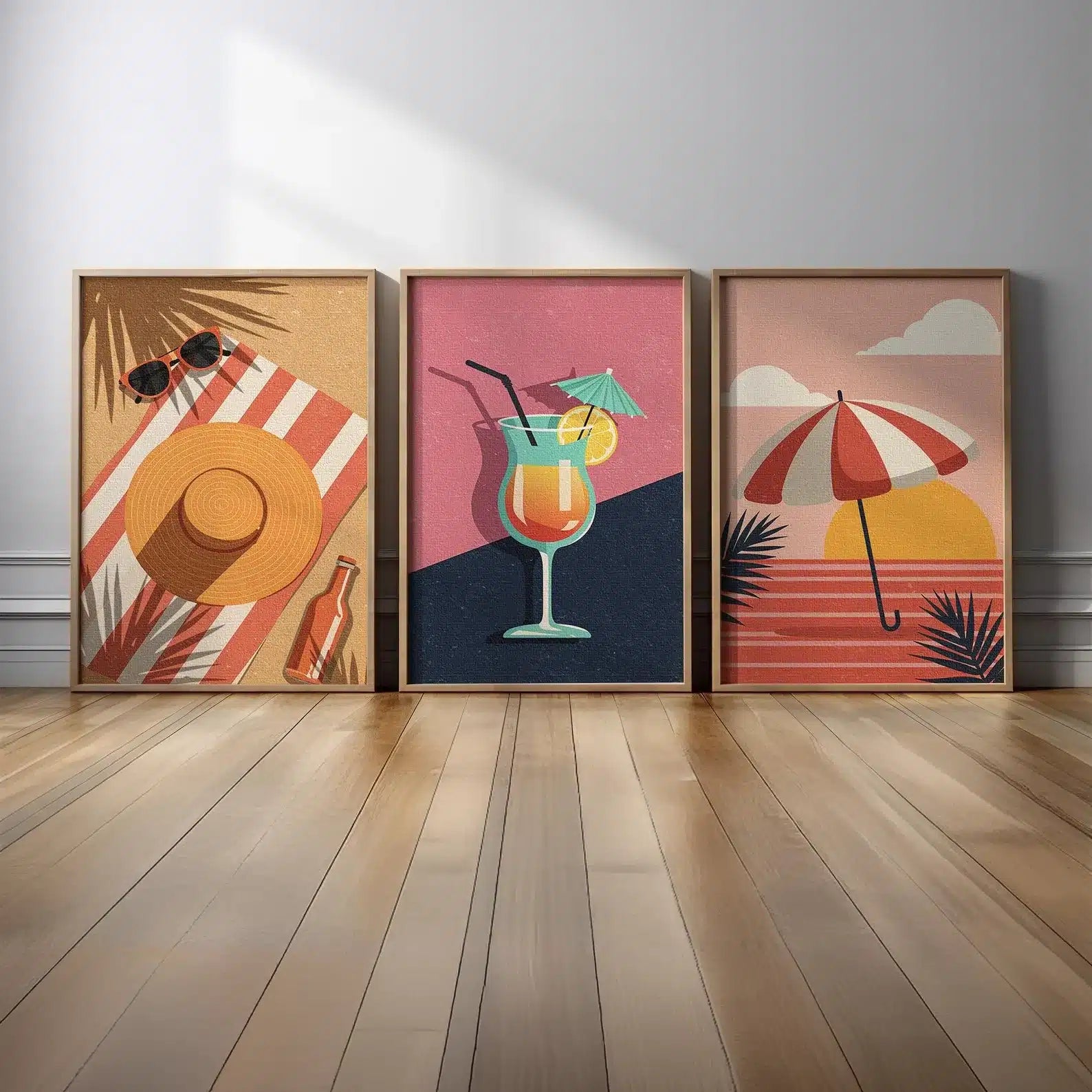 Retro Summer Beach Wall Art Set of 3 – styled in a modern room setting