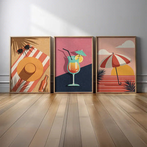 Retro Summer Beach Wall Art Set of 3 – styled in a modern room setting