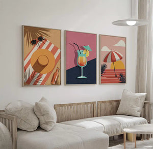 Retro Summer Beach Wall Art Set of 3 – styled in a modern room setting