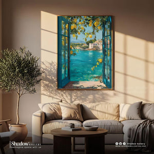 Mediterranean Lemon Tree Window View Art – styled in a modern room setting
