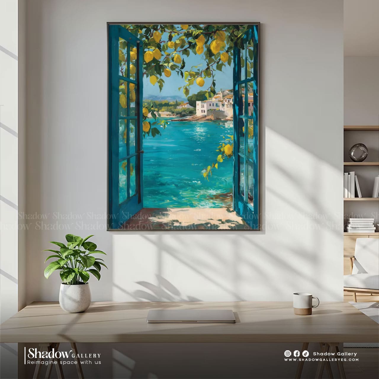 Mediterranean Lemon Tree Window View Art – close-up detail of frame and canvas texture