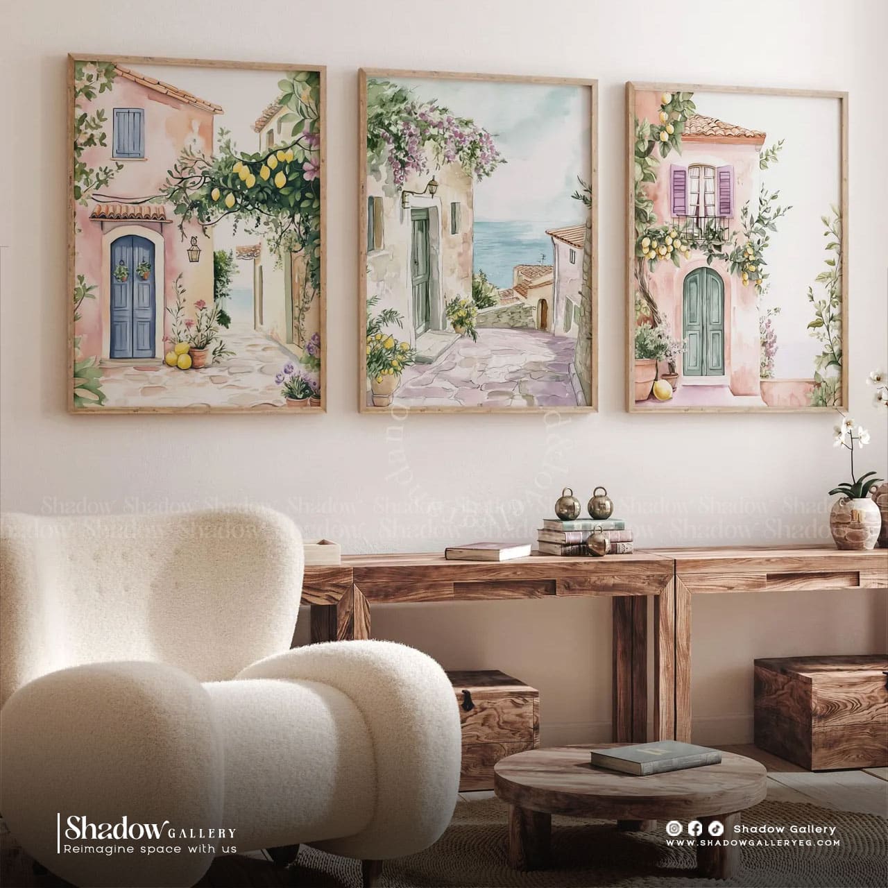 Mediterranean Village Triptych Wall Art Set – premium framed canvas wall art