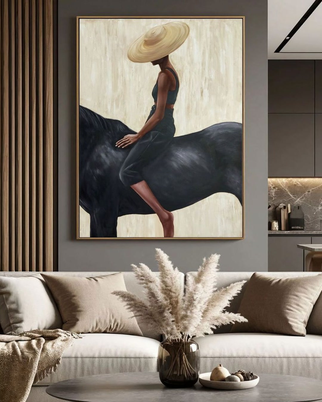 Minimalist Woman Riding Black Horse Art