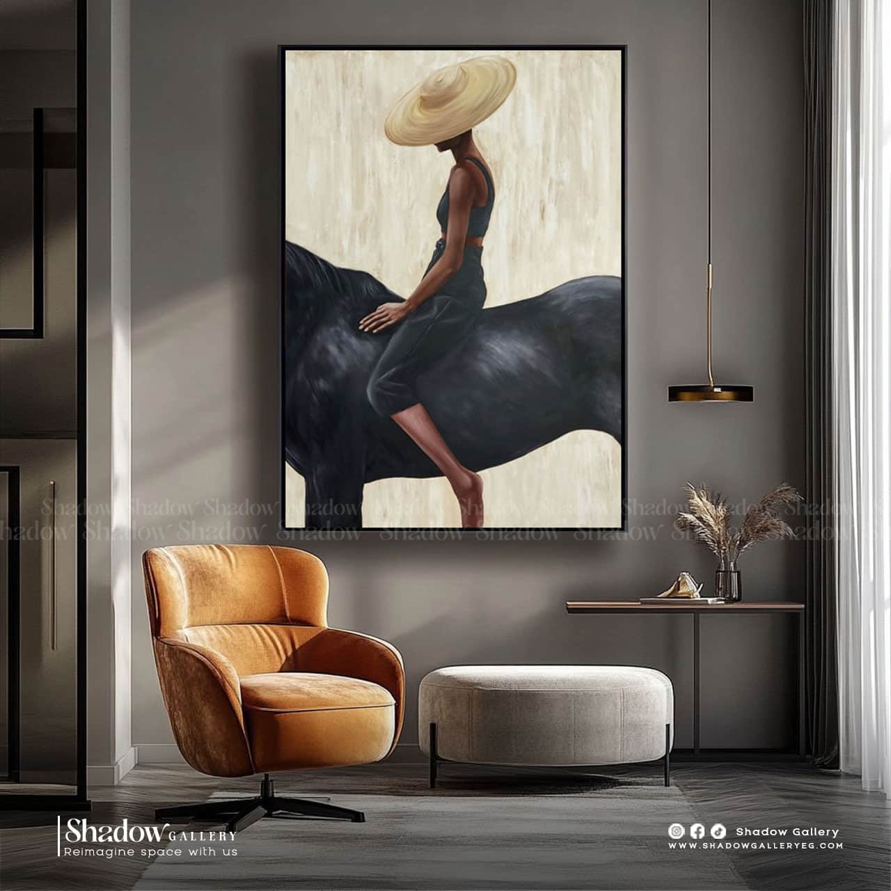 Minimalist Woman Riding Black Horse Art – close-up detail of frame and canvas texture