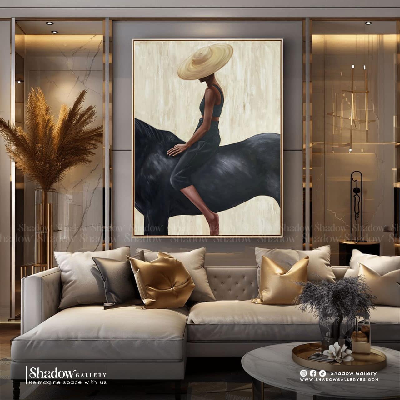Minimalist Woman Riding Black Horse Art – styled in a modern room setting