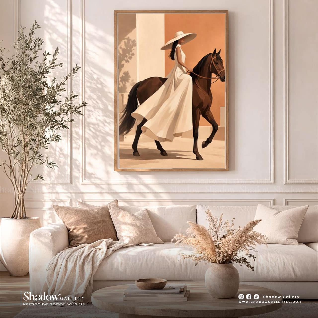 Minimalist Woman Riding Brown Horse Art – close-up detail of frame and canvas texture
