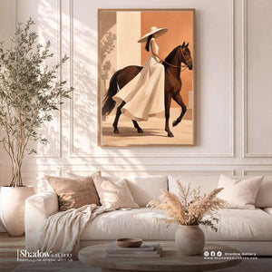 Minimalist Woman Riding Brown Horse Art – close-up detail of frame and canvas texture
