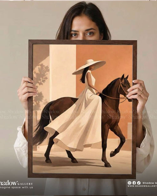Minimalist Woman Riding Brown Horse Art | Shadow Gallery