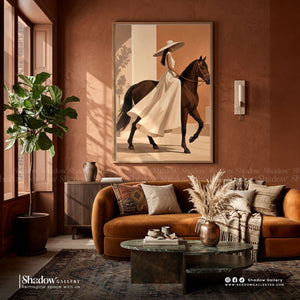 Minimalist Woman Riding Brown Horse Art – styled in a modern room setting
