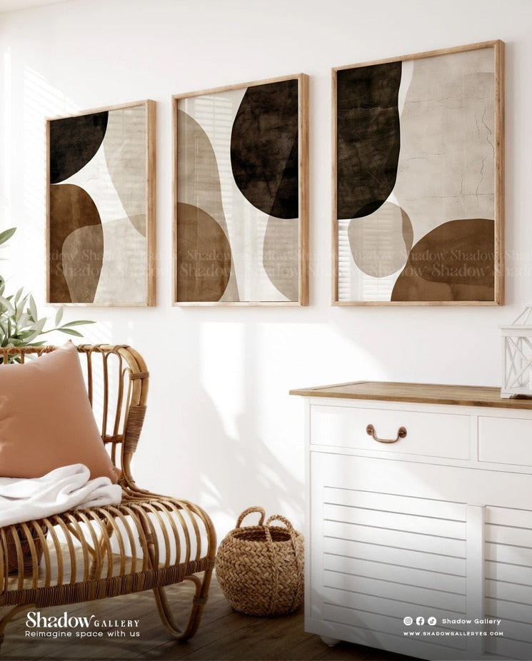 Boho l Set of 3 Neutral Abstract Wall Art Prints I Shadow Gallery – close-up detail of frame and canvas texture