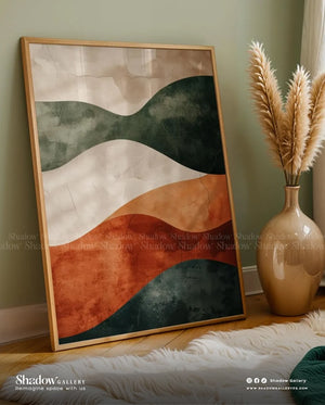 Modern Earth Tone Abstract Wave Wall Art - Boho Minimalist Canvas – styled in a modern room setting