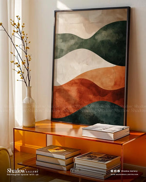 Modern Earth Tone Abstract Wave Wall Art - Boho Minimalist Canvas – styled in a modern room setting