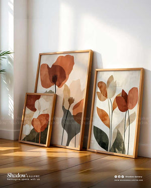 Retro Floral Triptych: Warm Earth Tone Wall Art – close-up detail of frame and canvas texture