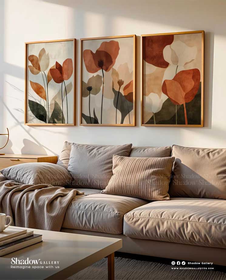 Retro Floral Triptych: Warm Earth Tone Wall Art – styled in a modern room setting