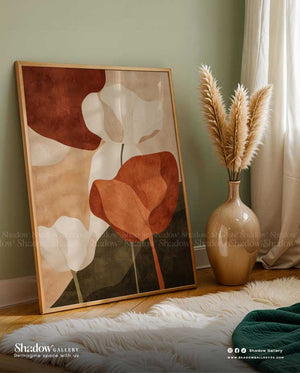 Retro Floral Triptych: Warm Earth Tone Wall Art – styled in a modern room setting