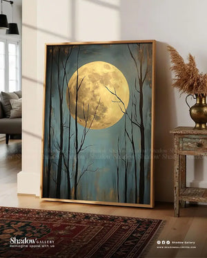 Modern Full Moon Forest Abstract Wall Art - Large Framed Canvas – close-up detail of frame and canvas texture