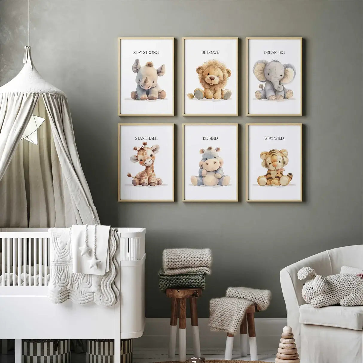 Safari Animal Nursery Prints Set Six Frames – premium framed canvas wall art