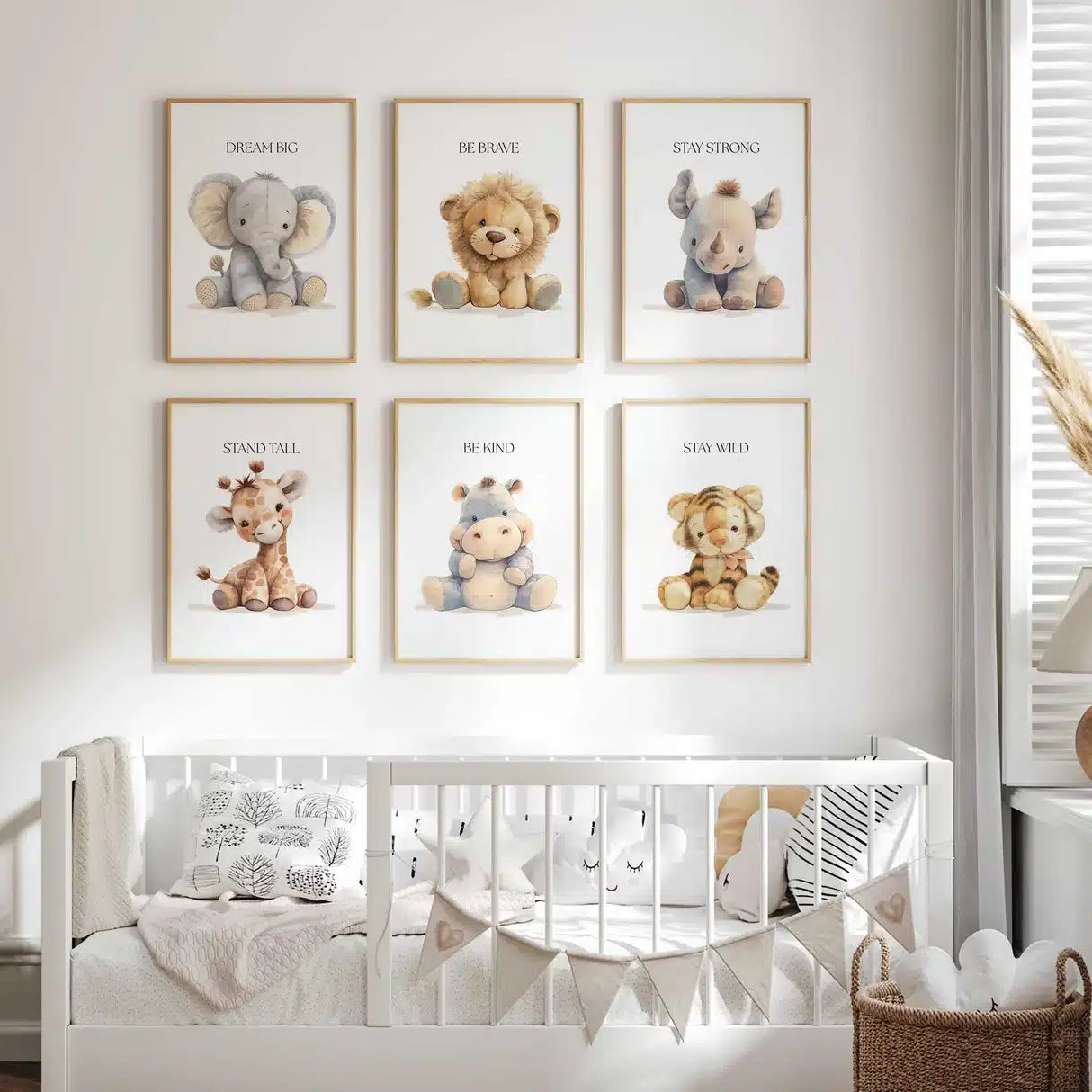 Safari Animal Nursery Prints Set Six Frames – close-up detail of frame and canvas texture