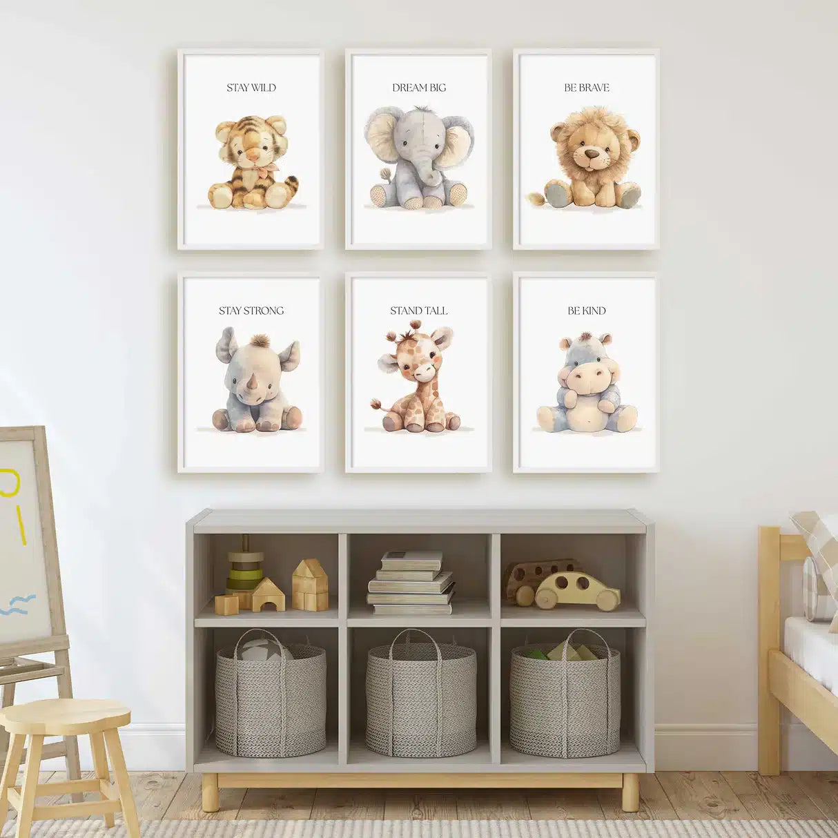 Safari Animal Nursery Prints Set Six Frames – styled in a modern room setting