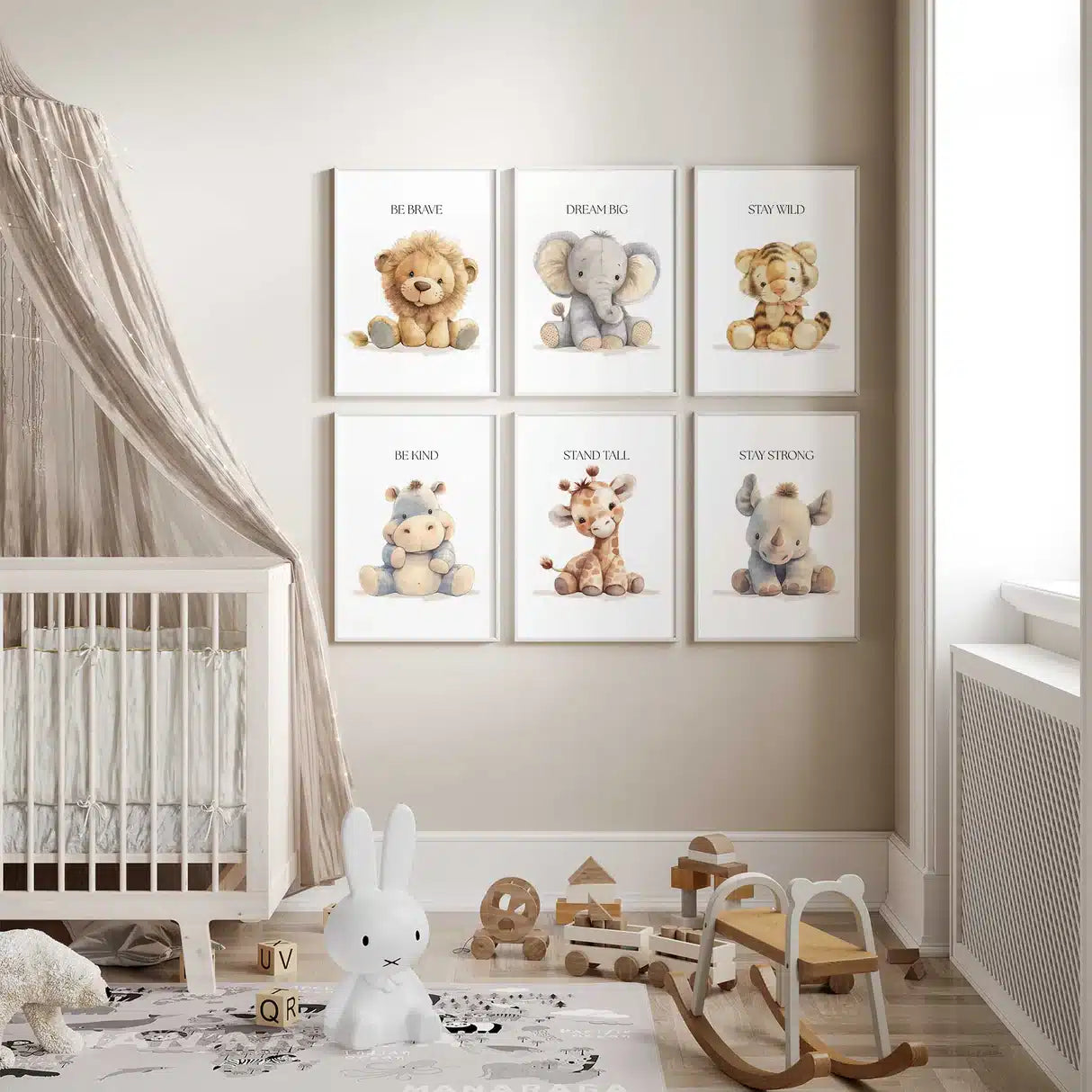Safari Animal Nursery Prints Set Six Frames – styled in a modern room setting
