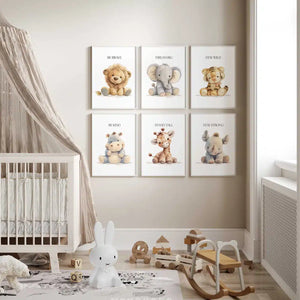 Safari Animal Nursery Prints Set Six Frames – styled in a modern room setting