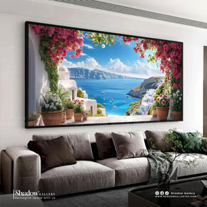 Panoramic Santorini Balcony Canvas Art – premium framed canvas wall art