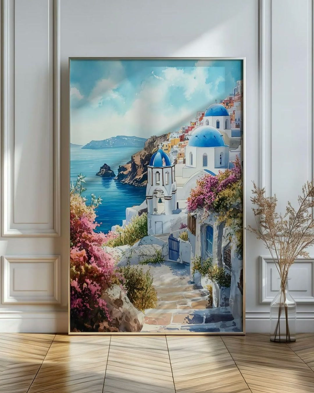 Santorini Greece Watercolor Canvas Art