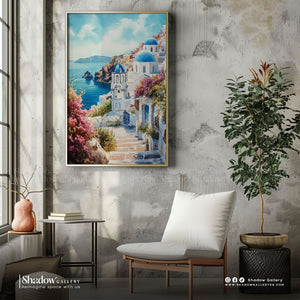 Santorini Greece Watercolor Canvas Art – close-up detail of frame and canvas texture