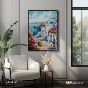 Santorini Greece Watercolor Canvas Art – styled in a modern room setting