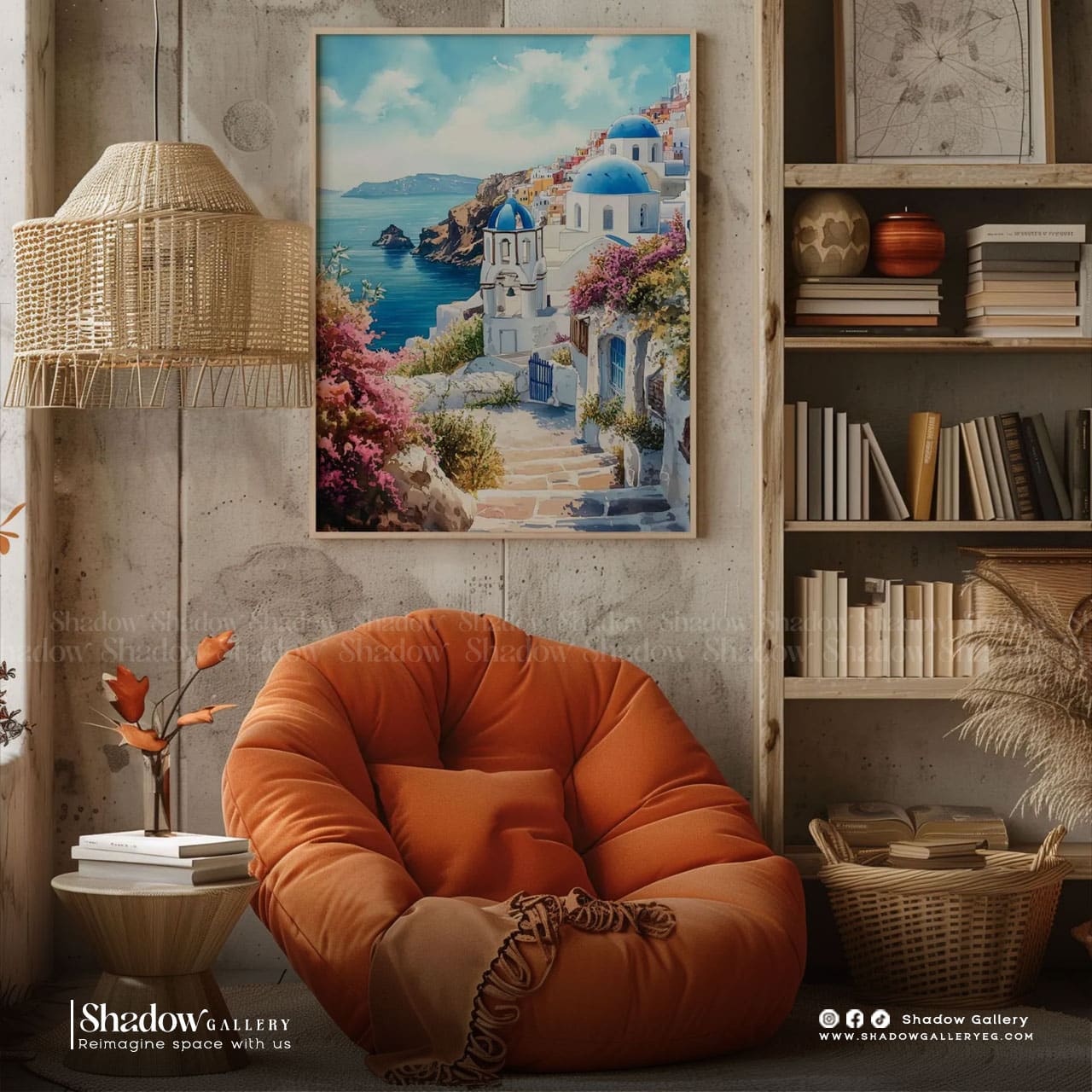 Santorini Greece Watercolor Canvas Art – styled in a modern room setting