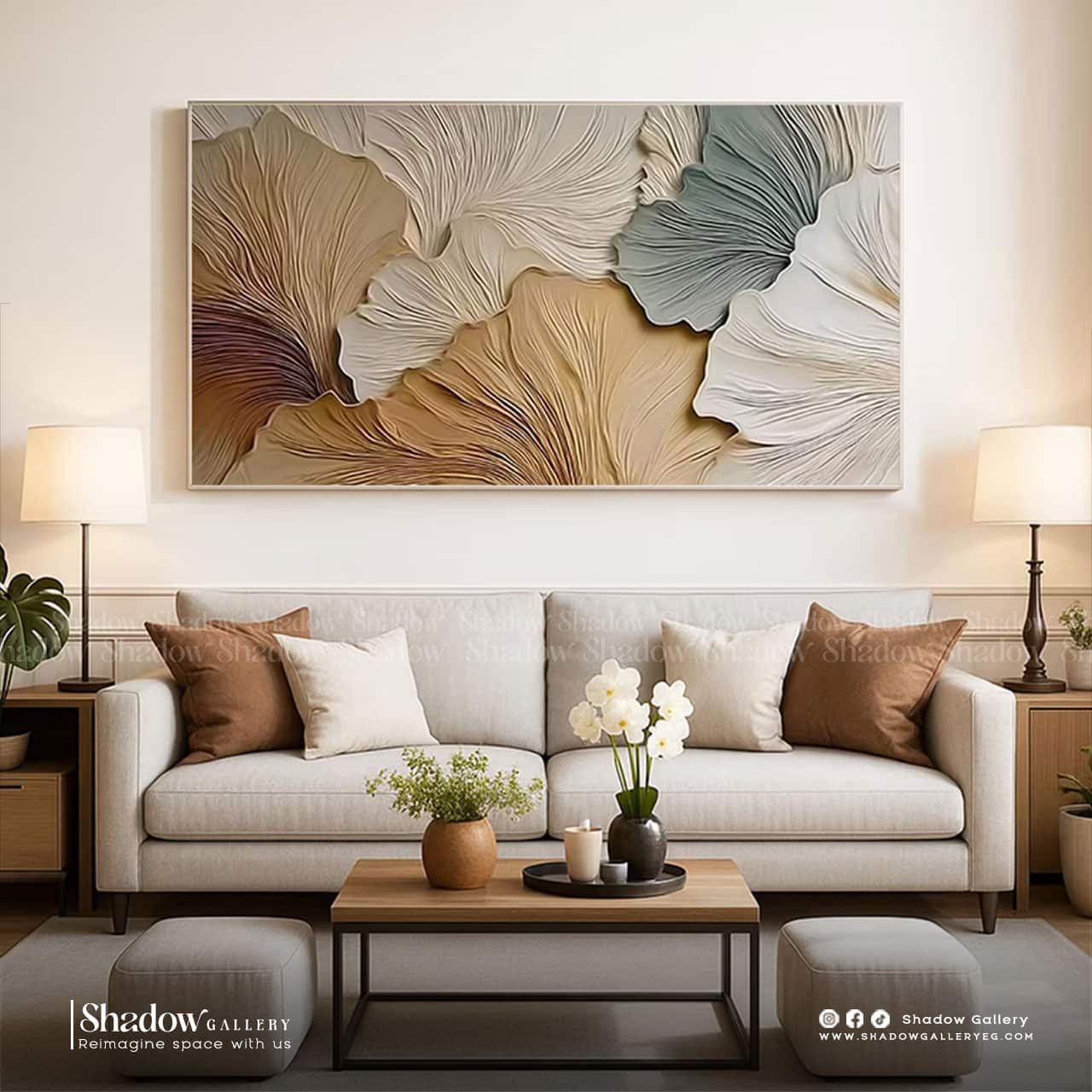 Large horizontal 3D textured wall art by Shadow Gallery – styled in a modern room setting