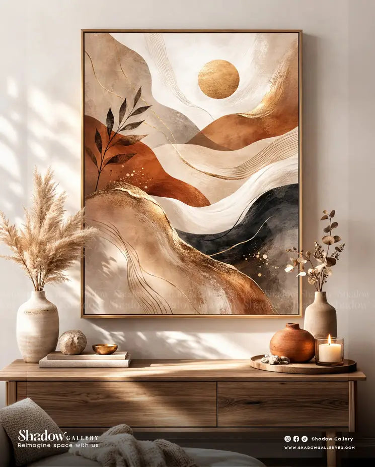 Modern Earth Tone Abstract Landscape - 3D Textured Art with Gold Leaf – close-up detail of frame and canvas texture