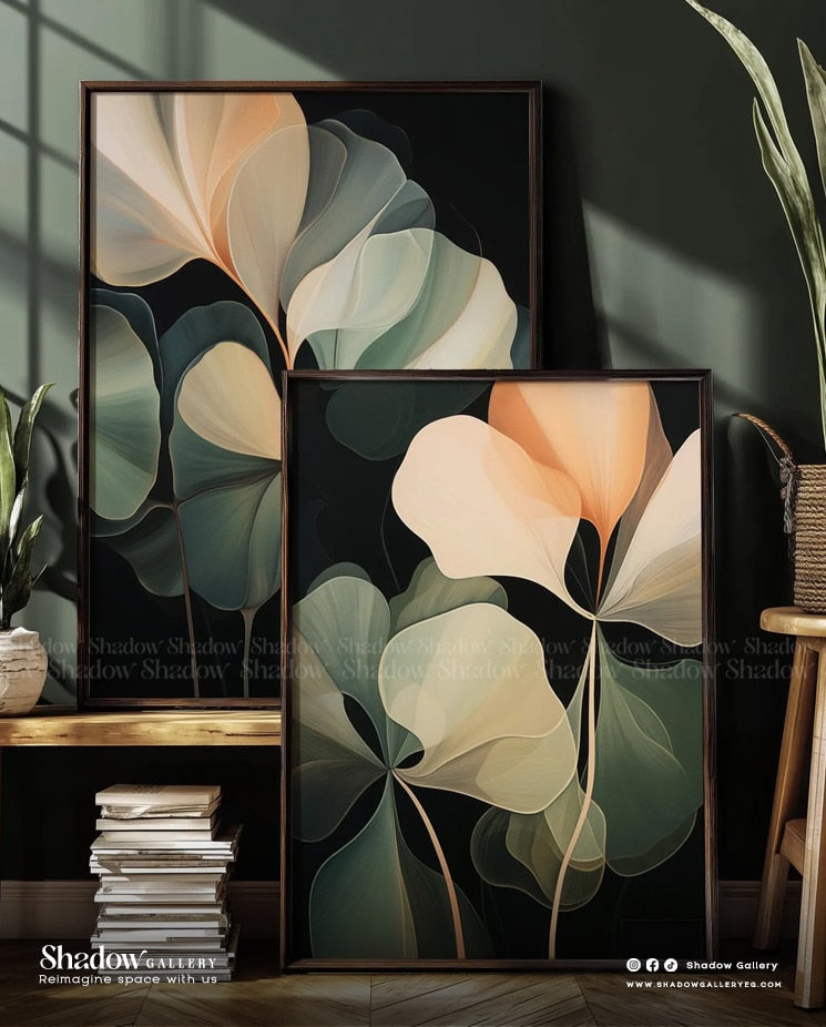 The Midnight Bloom - Set of 2 Modern Abstract Botanical Art – styled in a modern room setting