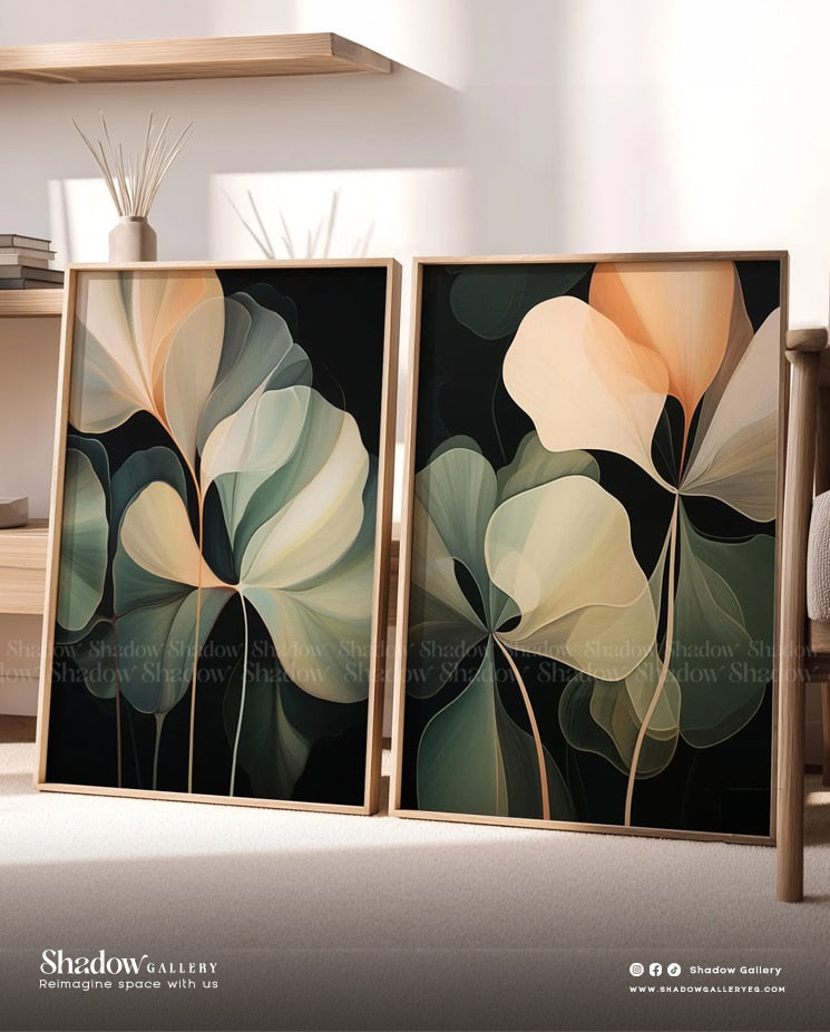 The Midnight Bloom - Set of 2 Modern Abstract Botanical Art – styled in a modern room setting