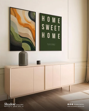Home Sweet Home | Typographic Modern Abstract Wave Art – styled in a modern room setting