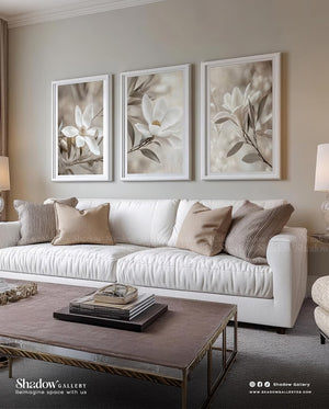 Modern Magnolia Floral Trio Wall Art - Set Of three – close-up detail of frame and canvas texture