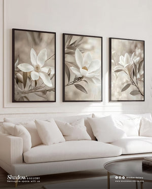Modern Magnolia Floral Trio Wall Art - Set Of three – styled in a modern room setting