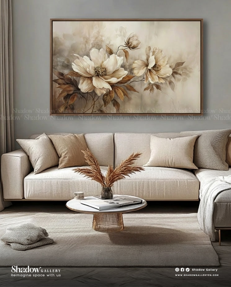 The Ochre Bloom - Large Textured Floral Wall Art – styled in a modern room setting
